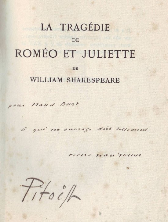 Romeo et Juliette Pierre's inscription to Maud Burt